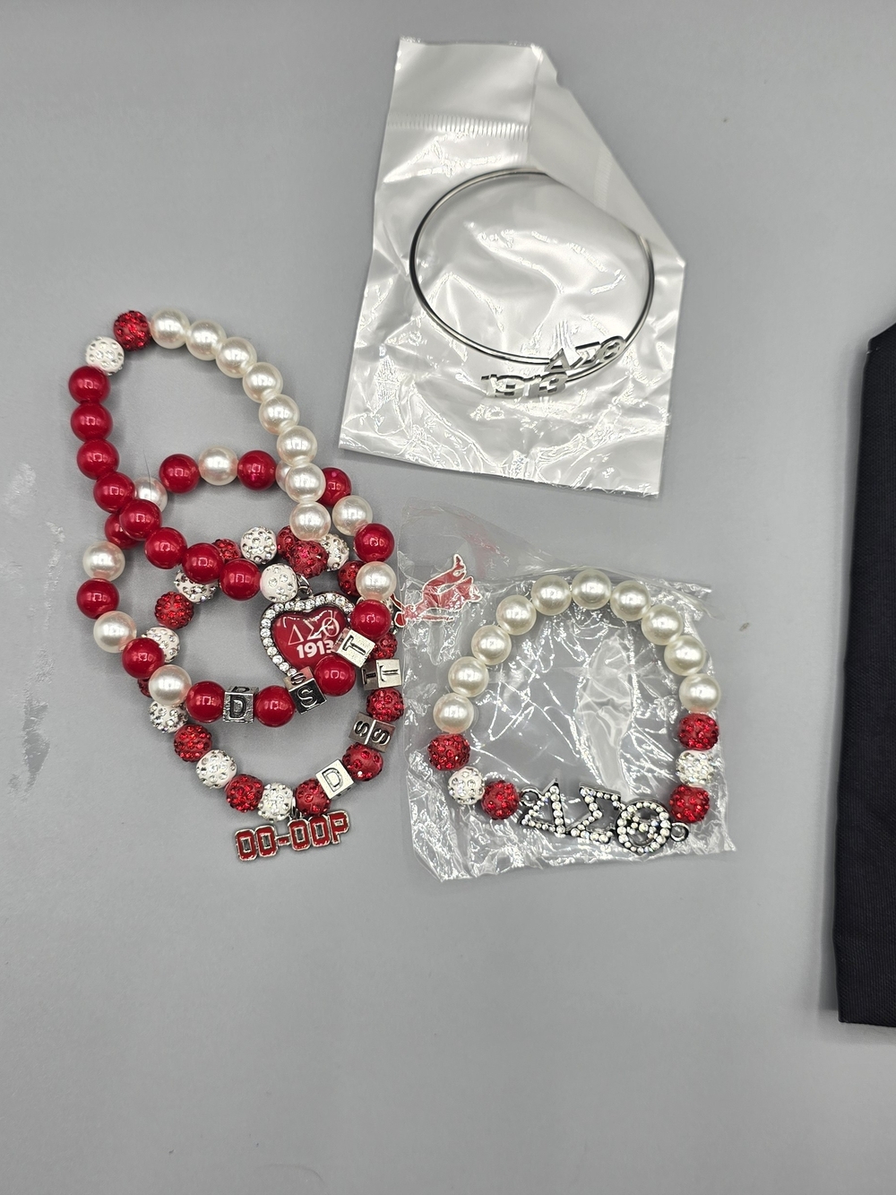 Red & White Pearl Beaded Greek Letter Bracelet Set